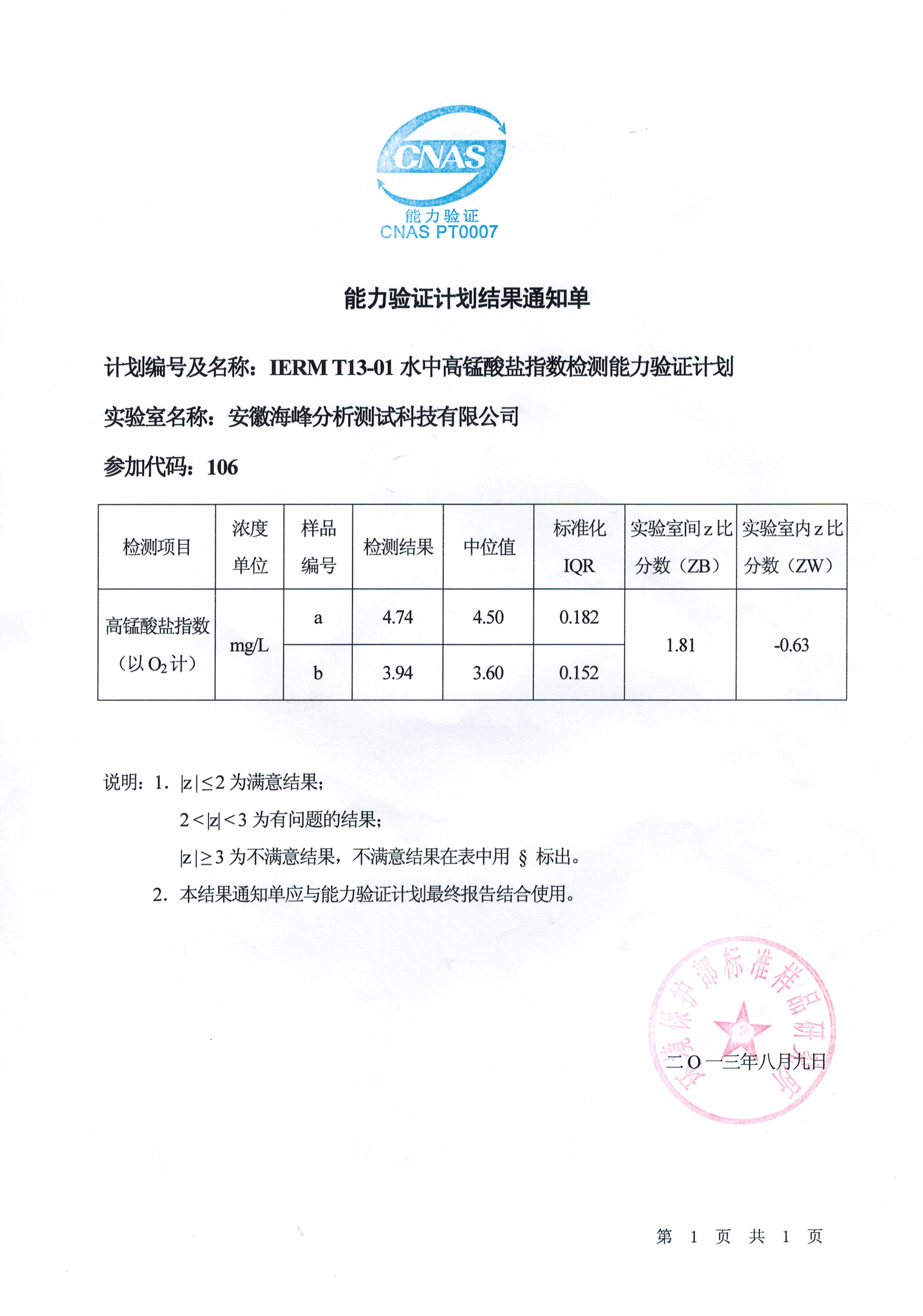熱烈祝賀我司順利通過(guò)“IERM T13-01水中高錳酸鹽指數(shù)檢測(cè)” 能力驗(yàn)證